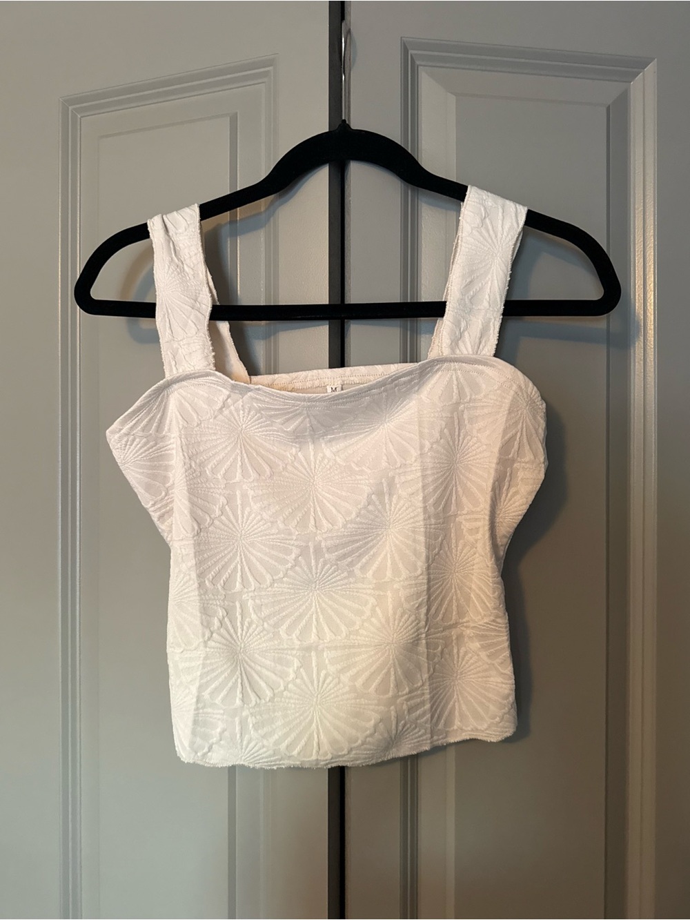 White Textured Square-Neck Tank Top with Wide Straps